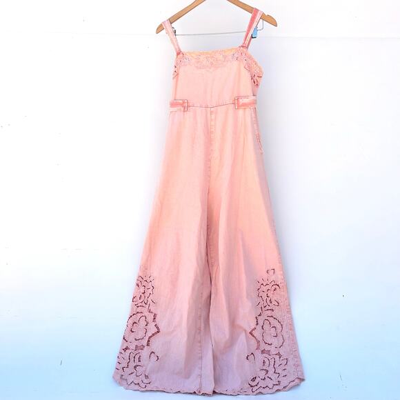 Free People Leighton Wide Leg Jumpsuit Pink Cotton Lace Overalls Denim Small - Picture 6 of 14